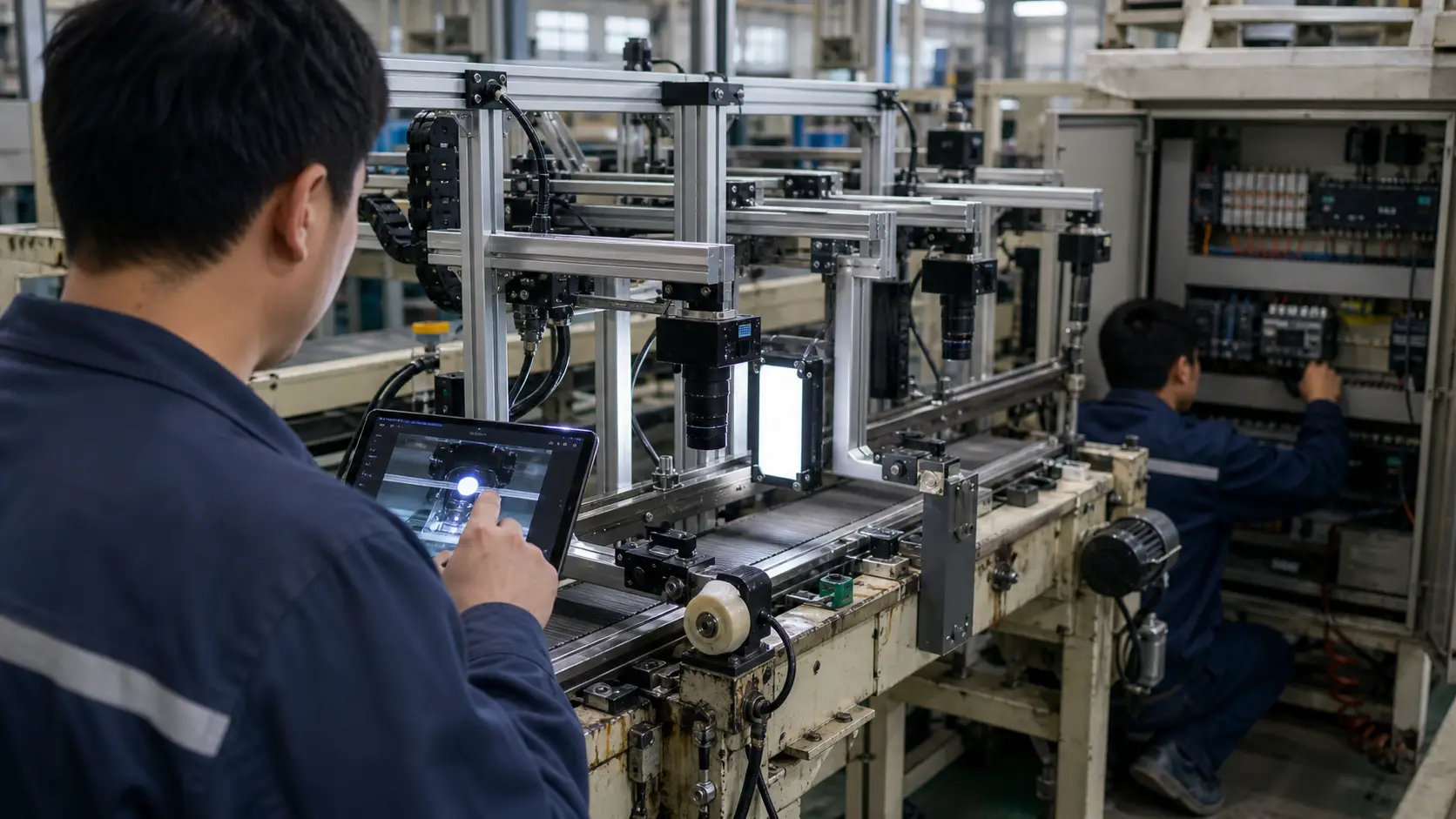 既有输送线加装多工位相机、光源和编码器进行视觉检测改造