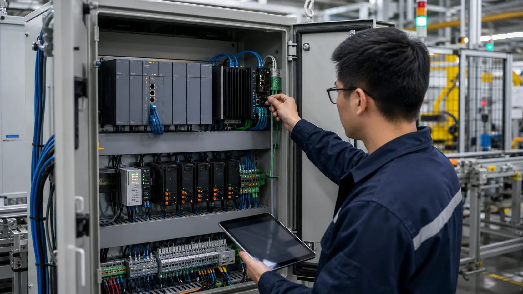 工业控制柜中接入 PLC、边缘 AI 主机、光源控制器和视觉触发 IO