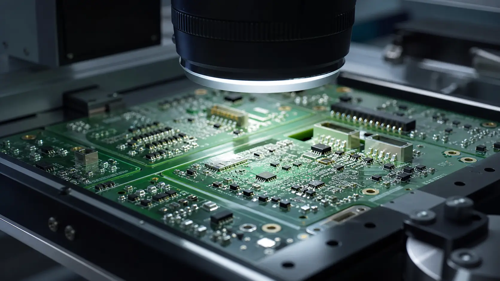 AOI 工位使用同轴光和工业相机检测 PCB 焊点缺陷